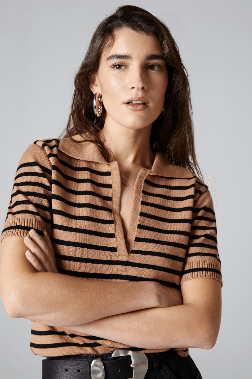 BLUSA POLO LISTRAS TRICOT-BEGE ESCURO / PRETO M - BEGE ESCURO / PRETO - 314757